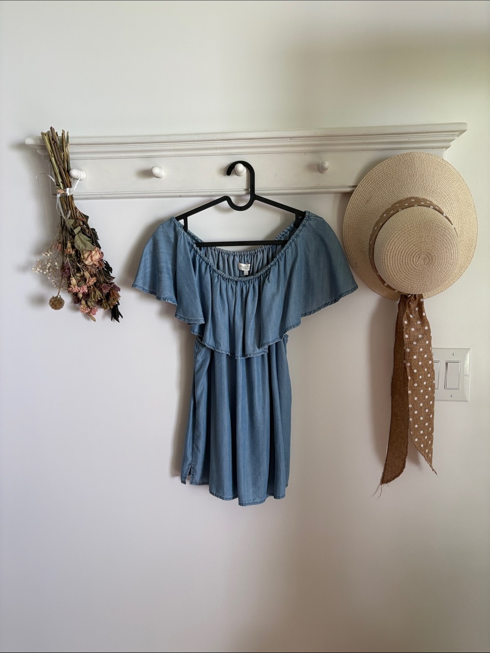 Part Two Lightweight Chambray Off-Shoulder Ruffle Tunic Top
